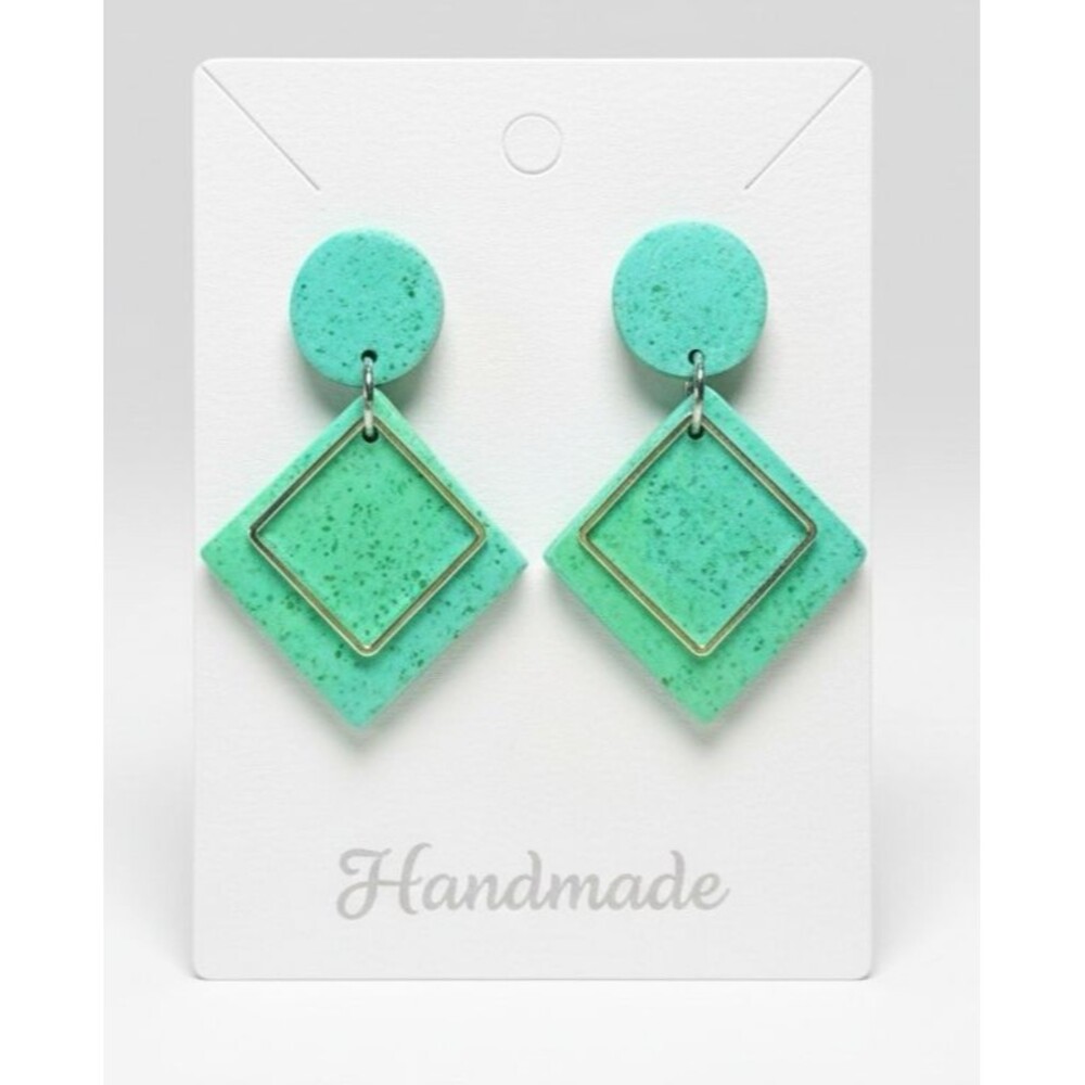 Handmade Green Flecked Large Dangle Polymer Clay Earrings Stainless Steel Posts